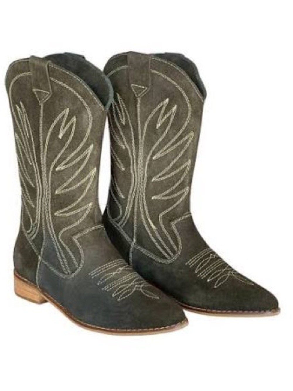 NWOB Women's Olive Suede Western Cowboy Boots with Lime Stitching